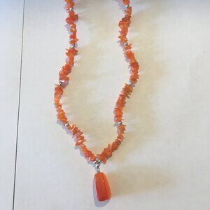 Vintage Orange Moonglow Chip Lucite Pendant Necklace Choker